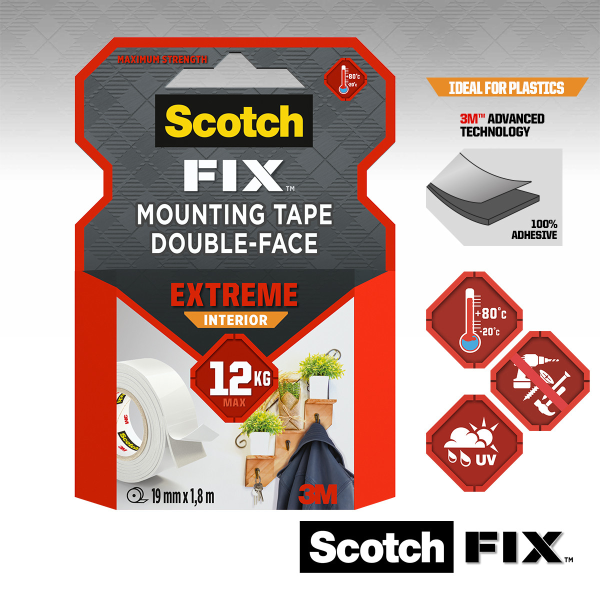 Ekstremalna wewnętrzna dwustronna taśma montażowa supermocna Scotch-Fix™  19 mm x 1,8 m